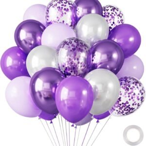 30 pack 10 inch purple balloon set featuring metallic purple pastel lilac pearl white and purple confetti balloons with ribbon