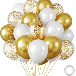 30 pack 10 inch gold and white balloon set featuring metallic gold solid white and gold confetti balloons with ribbon