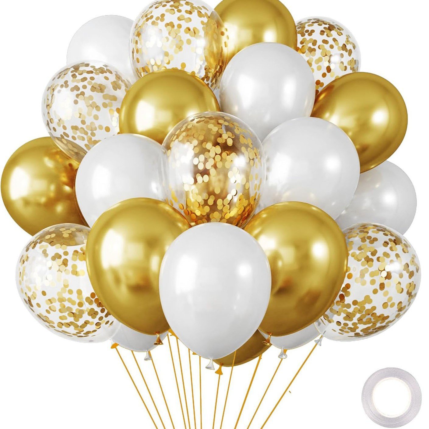 30 pack 10 inch gold and white balloon set featuring metallic gold solid white and gold confetti balloons with ribbon
