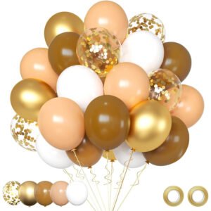 30 pack 10 inch coffee brown nude gold white balloon set featuring milky coffee brown nude blush metallic chrome gold and gold confetti balloons with ribbons