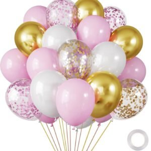 30 pack 10 inch pink gold white balloon set featuring metallic chrome gold pastel pink white and pink gold confetti balloons with ribbon