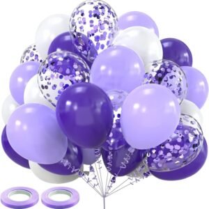 30 pack 10 inch purple lavender white balloon set featuring dark purple soft lavender white and purple confetti balloons with purple ribbons