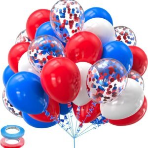 30 pack 10 inch red blue white balloon set featuring solid red royal blue white and red blue confetti balloons with ribbons