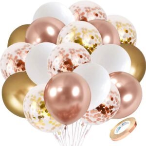 30 pack 10 inch rose gold gold white balloon set featuring metallic rose gold chrome gold solid white and confetti balloons with ribbon