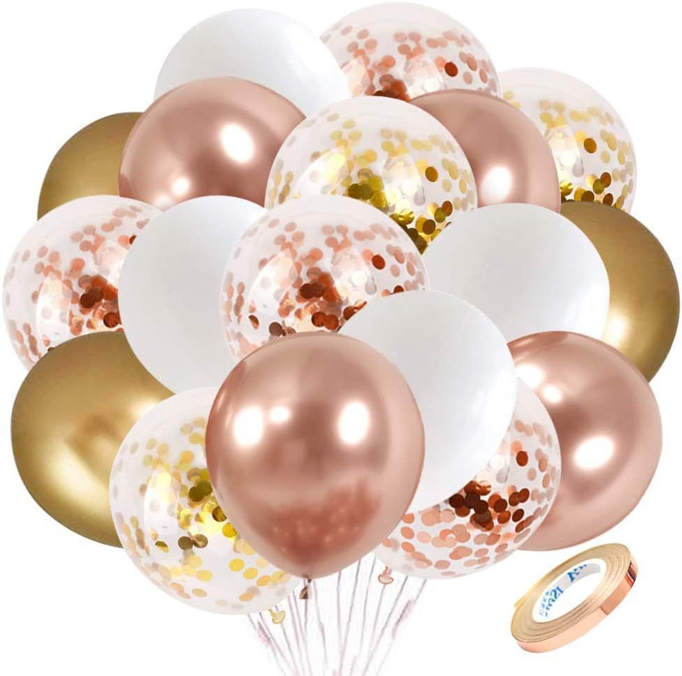 30 pack 10 inch rose gold gold white balloon set featuring metallic rose gold chrome gold solid white and confetti balloons with ribbon