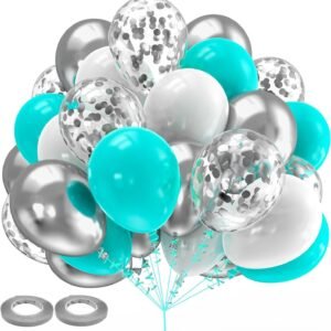 30 pack 10 inch turquoise silver white balloon set featuring metallic silver teal aqua white and silver confetti balloons with ribbon