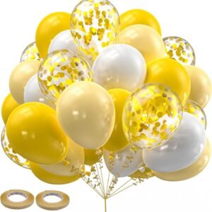 30 pack 10 inch yellow gold white balloon set featuring bright yellow soft gold white and gold confetti balloons with ribbon