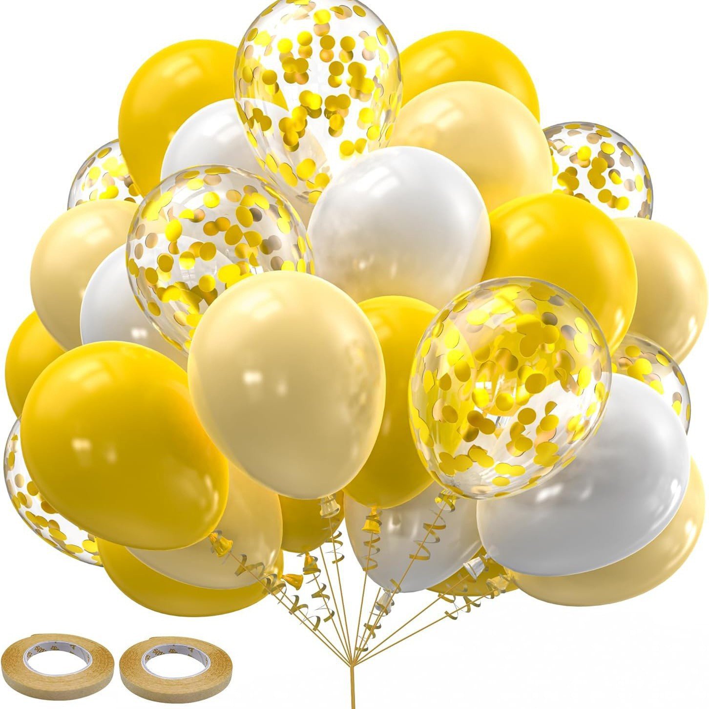 30 pack 10 inch yellow gold white balloon set featuring bright yellow soft gold white and gold confetti balloons with ribbon