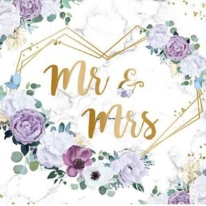1.8m x 1.1m purple floral mr and mrs wedding backdrop curtain made of washable thin polyester fabric featuring purple roses lavender florals and gold heart frame