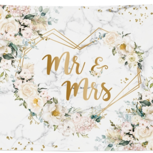 1.8m x 1.1m floral mr and mrs wedding backdrop curtain made of washable thin polyester fabric featuring white roses and gold heart frame