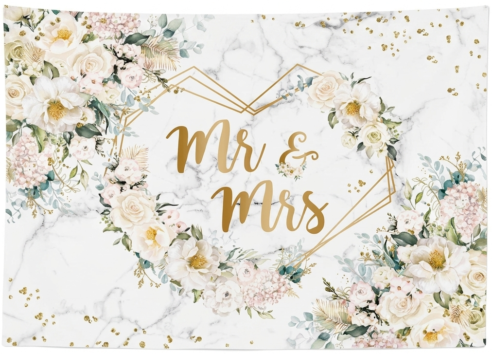 1.8m x 1.1m floral mr and mrs wedding backdrop curtain made of washable thin polyester fabric featuring white roses and gold heart frame
