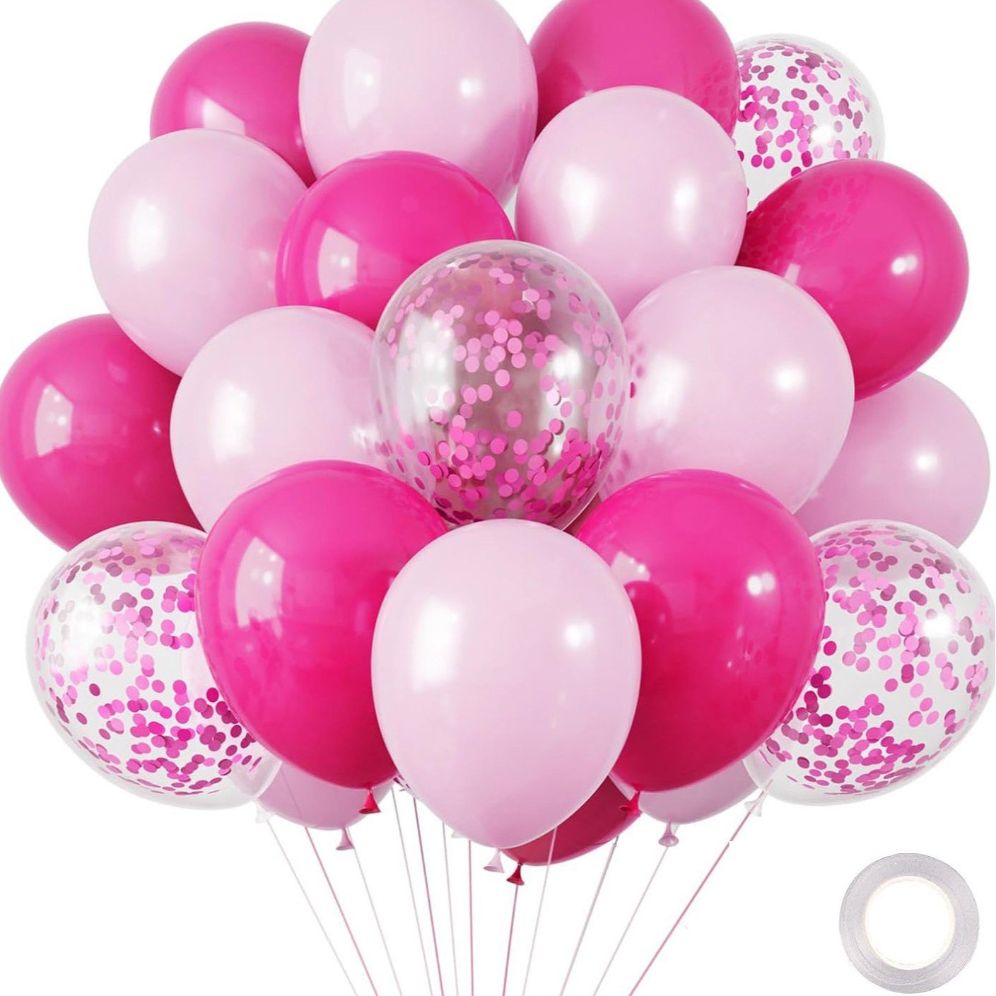 30 pack 10 inch pink balloon set featuring hot pink baby pink and pink confetti balloons with ribbon